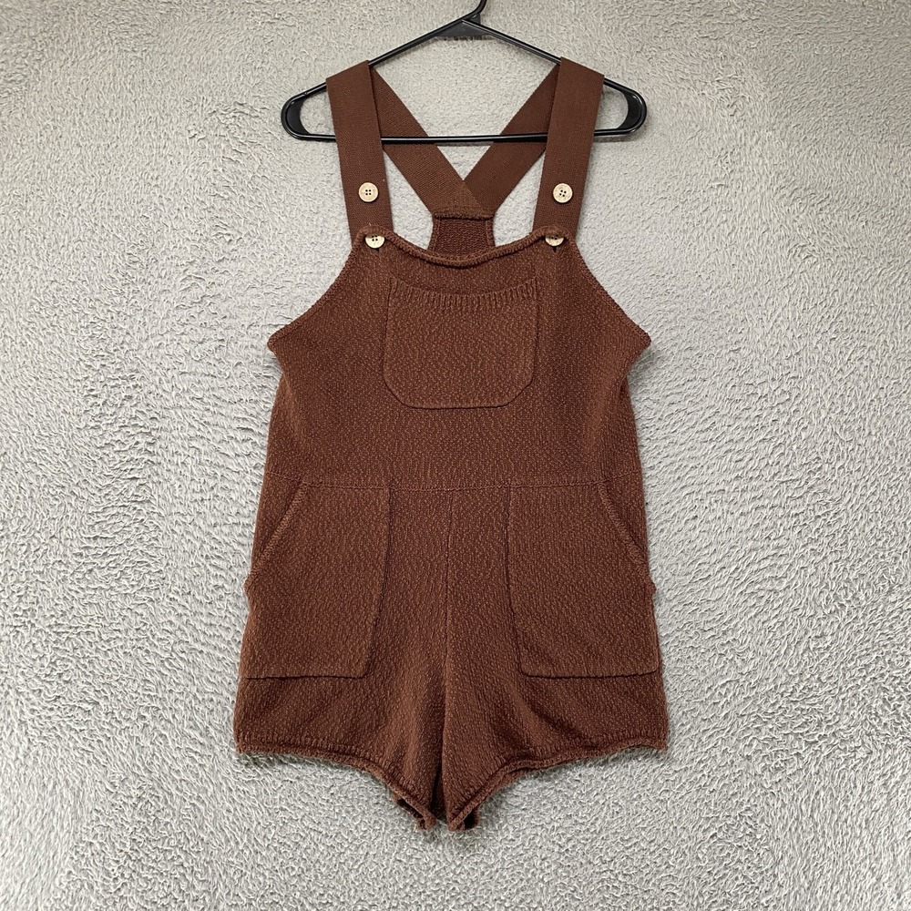 FP Beach Romper Womens Small Brown Knit Bib Shortalls Pockets Overalls